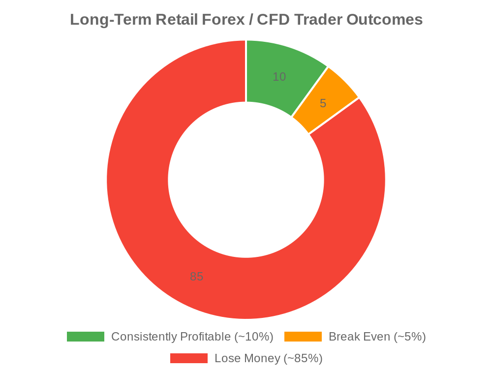 Retail Trader Outcomes Donut Chart Donut chart illustrating long-term retail forex and CFD trader performance statistics, highlighting that 85% lose money, 10% are consistently profitable, and 5% break even.