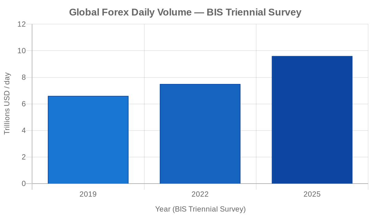 Global Forex Volume Chart Bar chart displaying global daily foreign exchange volume growth from $6.6 trillion in 2019 to $7.5 trillion in 2022 and $9.6 trillion in 2025 according to the BIS Triennial Survey.