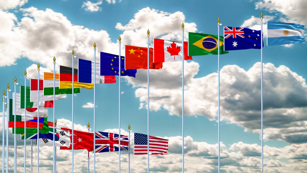 Forex Markets: The picture shows a set of different flags of the different country that belongs to the G20. 