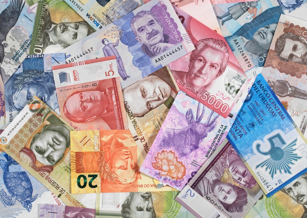Different currency bills from Latin American Countries.