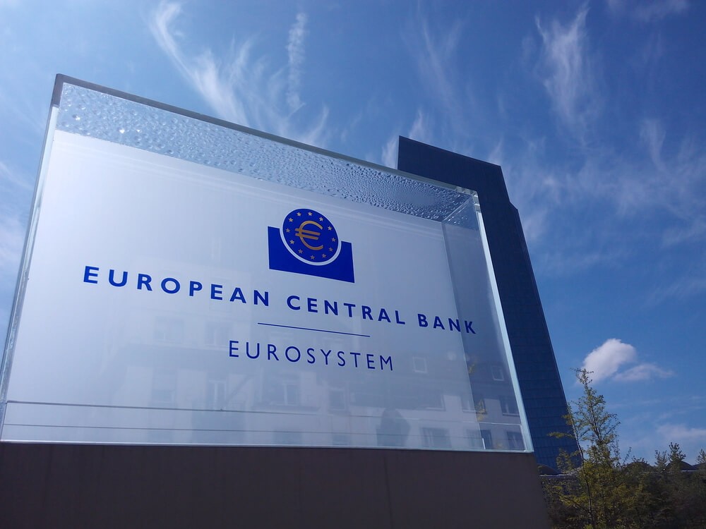 Sign of the European Central Bank with the headquarters in the background.