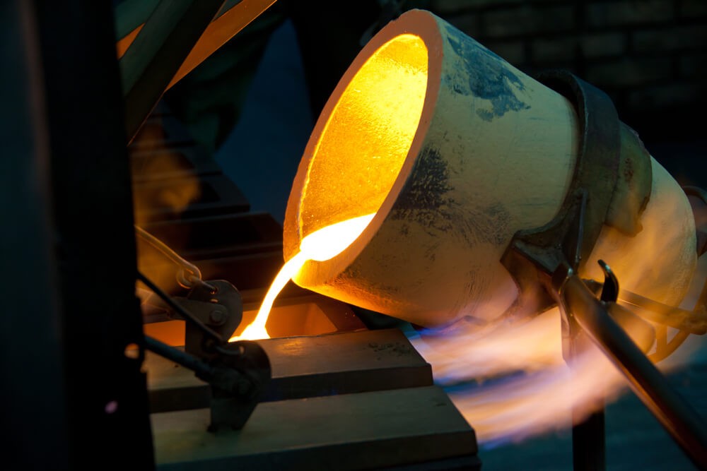 Wibest – Gold USD: Molten metal being poured from a crucible into a mold.