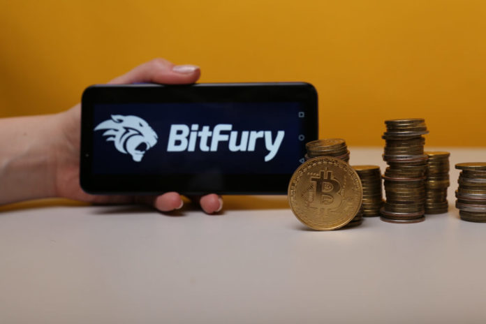 Block Chain: The Bitfury Group sign on phone display.