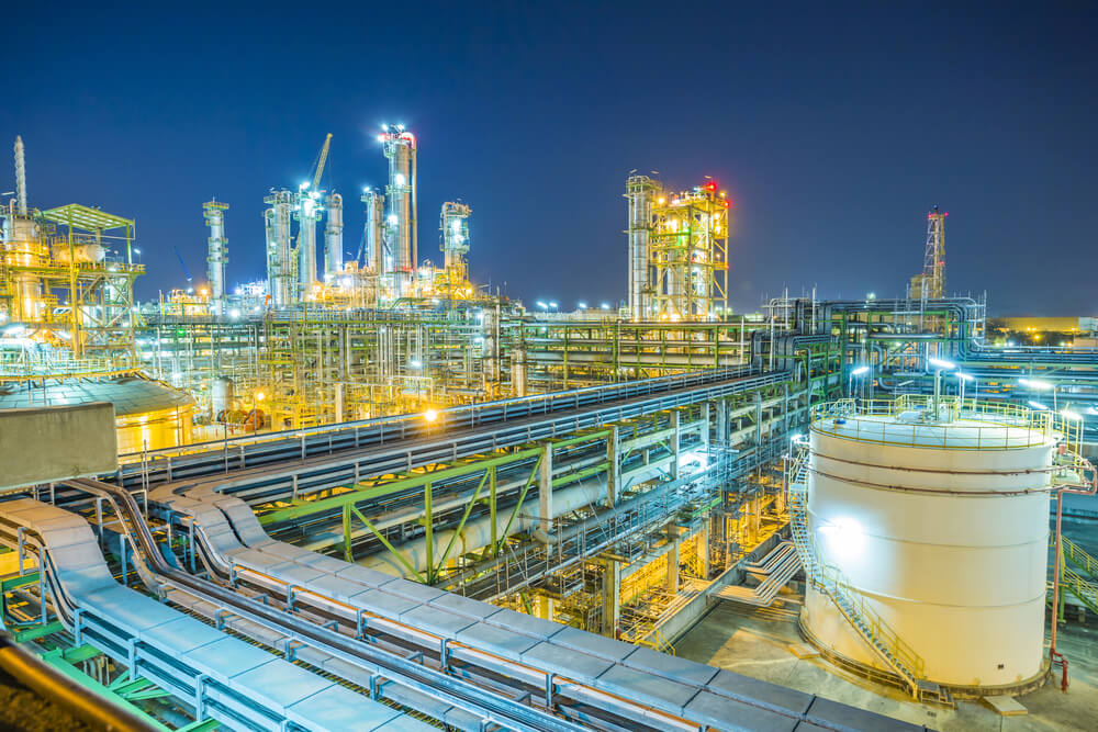 Petroleum Product: Twilight scene of chemical plant.