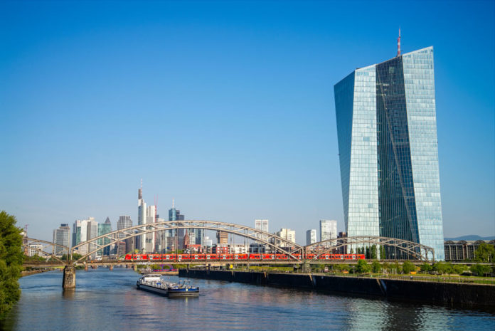 Digital Coins: European Central Bank in Frankfurt with skyline and view over the Main