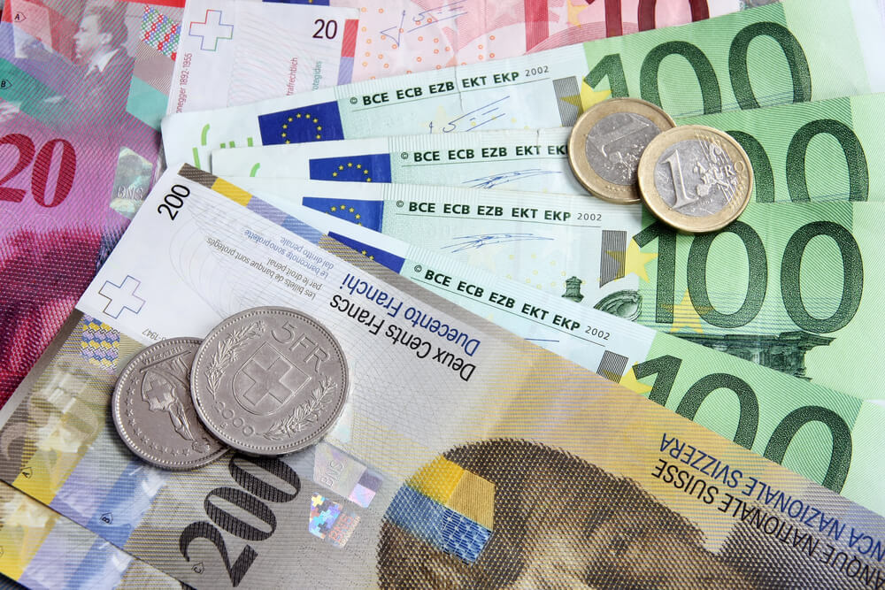 usd/chf – EUR to CHF: Euro and Swiss Franc coins and bills.
