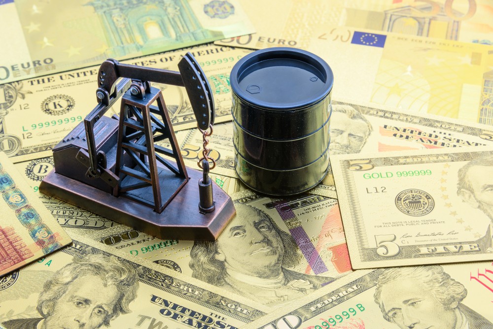 Wibest – US China Tariffs: Oil barrel and pumpjack over US dollar bills.