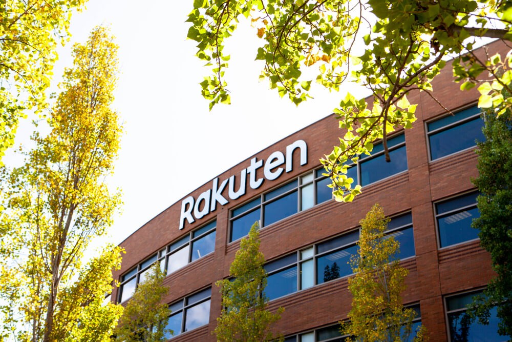 Rakuten: A logo sign of Rakuten outside of the headquarters.
