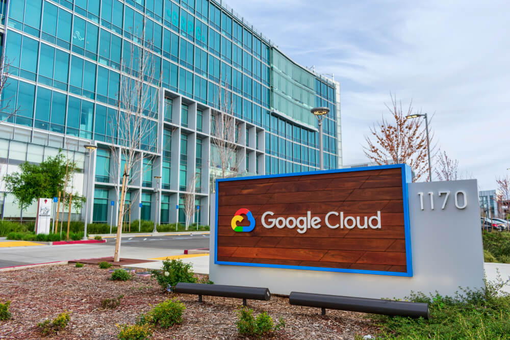 Cloud: Google Cloud sign is displayed on Google campus