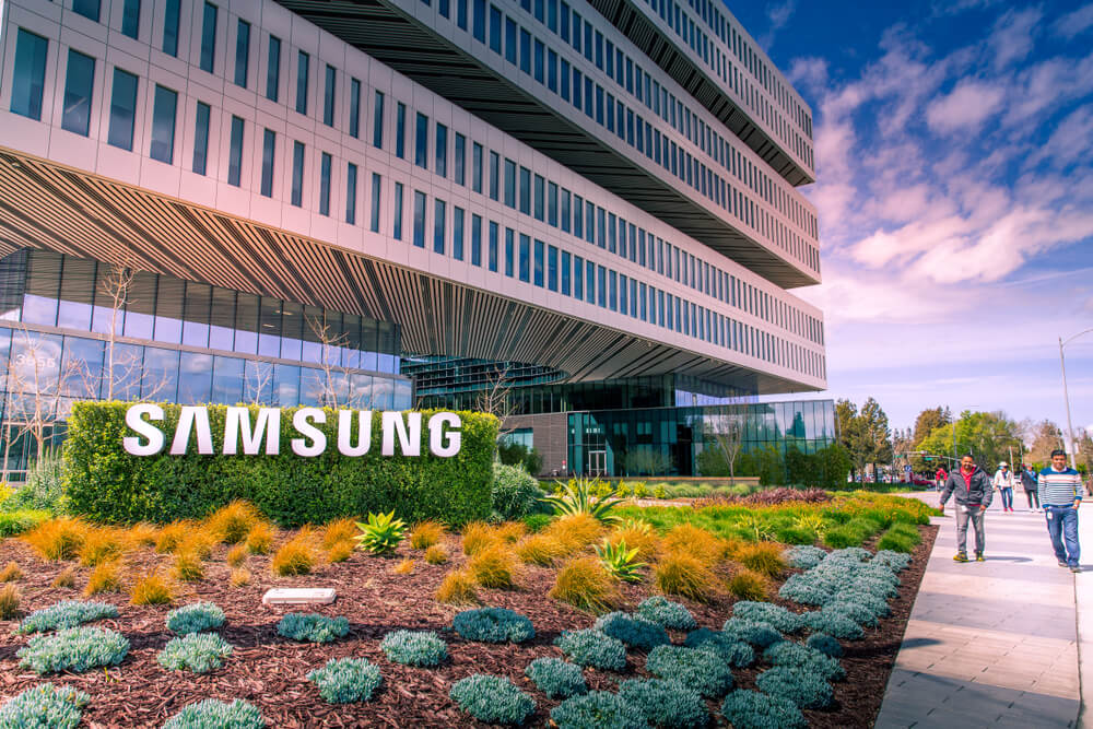 Samsung: Samsung logo outside Samsung building.
