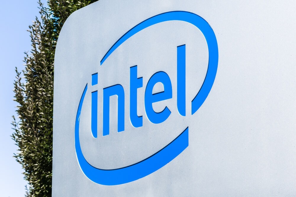 Intel: Close up of Intel sign photo.