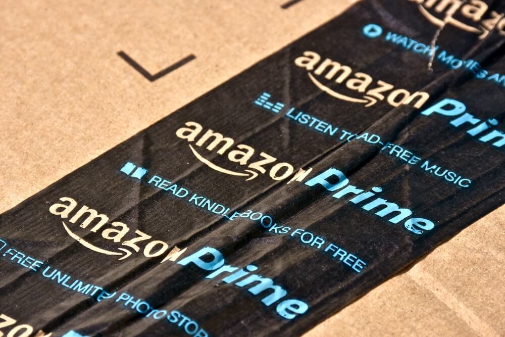 Amazon Prime: Amazon Prime boxes with the Amazon Prime tape placed across the package to keep it sealed.
