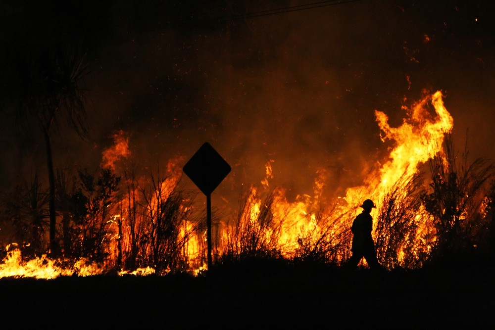 Wibest – Australian Money: A firefighter trying to control a bush fire at night.