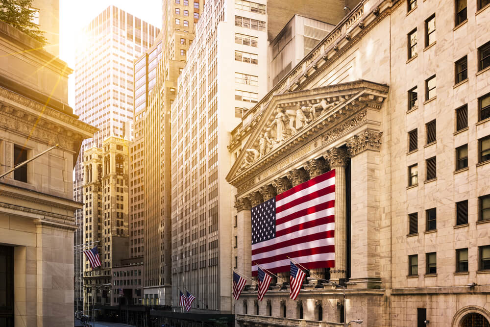 New York Stock Exchange with patriot flag.