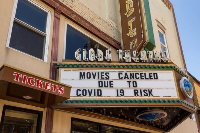 Marquee on small town movie theater.