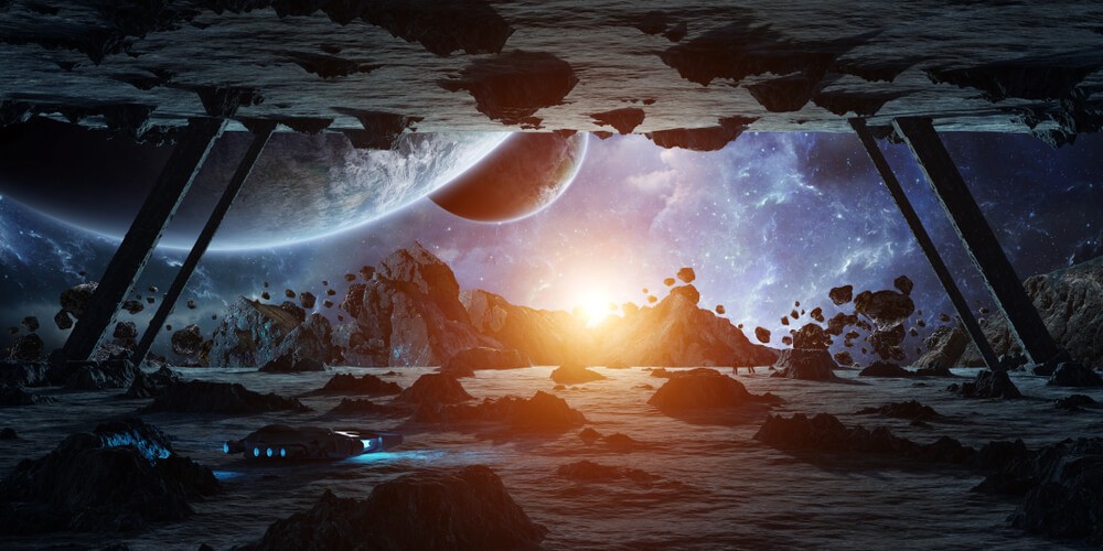 Astronauts exploring a huge asteroid alien spaceship in space.
