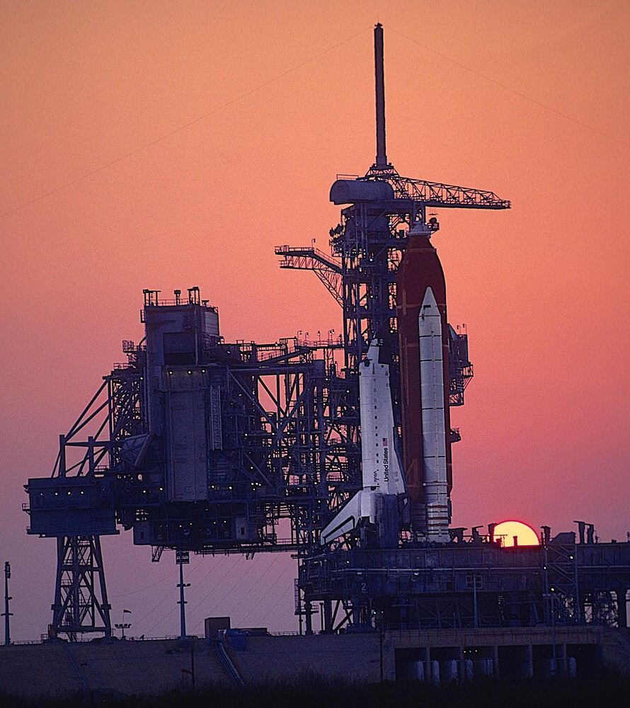 Space Shuttle "Discovery" sits atop launch pad 39A