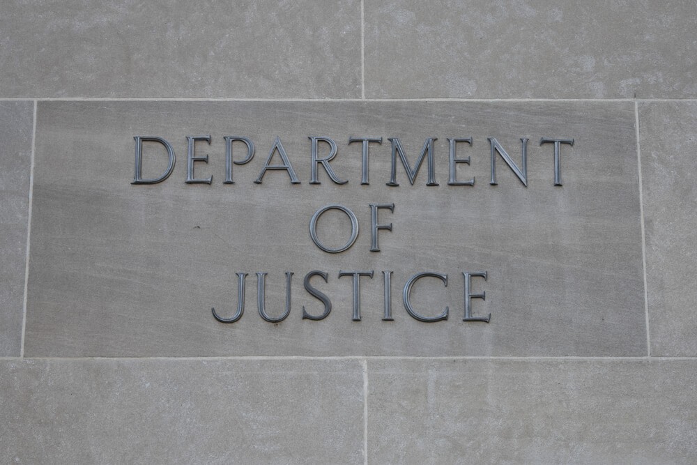  Department of Justice sign at the entrance