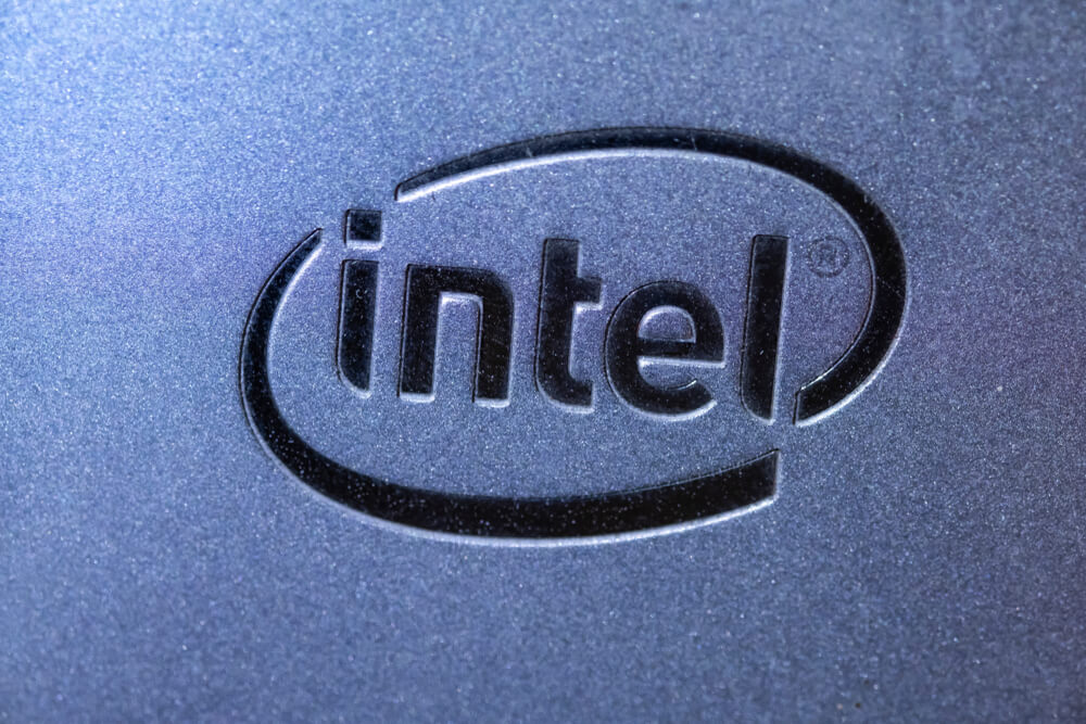 Intel logo on SSD Inside a high performance computer.