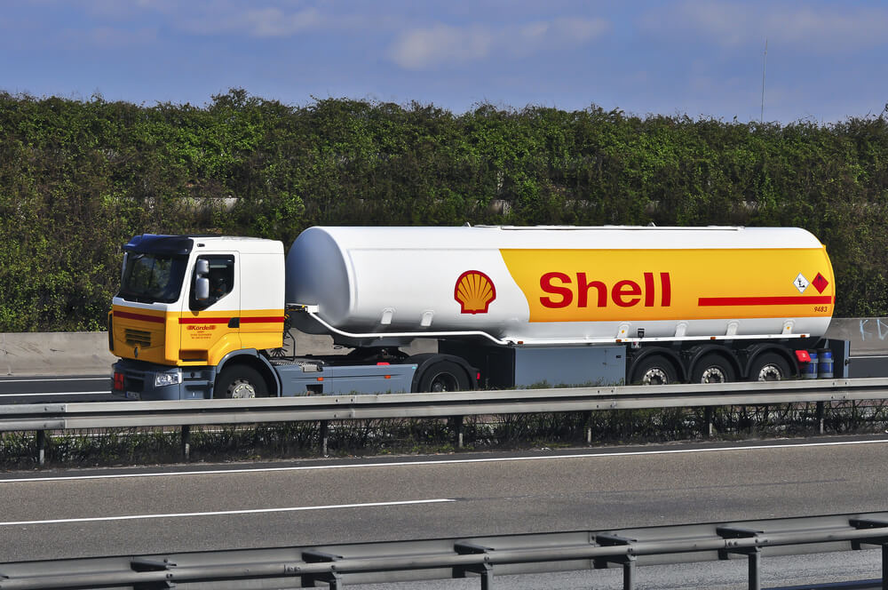 Shell oil truck on the highway.