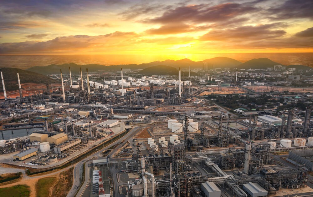 Aerial view oil refinery industrial
