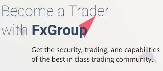 Promotional banner for FxGroup, highlighting the opportunity to become a trader. The text emphasizes the platform's security, trading prowess, and elite capabilities. ONEFXGROUP Review indicates a top-tier trading community experience.