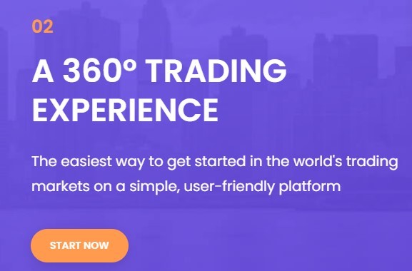 Promotional banner highlighting a 360-degree trading experience with a call to action button labeled 'Start Now', emphasizing easy access to global trading markets on a user-friendly platform.
