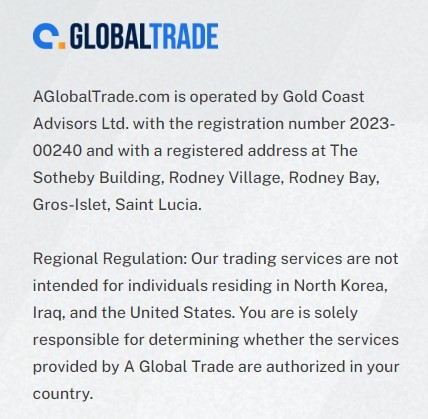 Informational section from AGlobalTrade's website detailing company operation by Gold Coast Advisors Ltd with registration details and regional regulation advisory, noting service restrictions in North Korea, Iraq, and the United States.