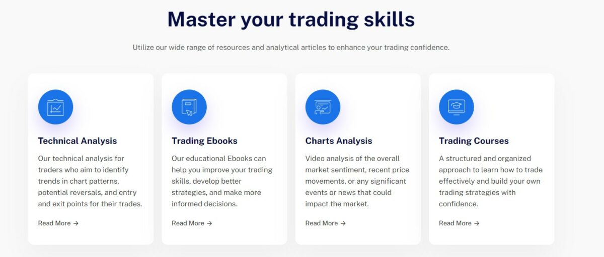 Web banner titled 'Master your trading skills' featuring four categories: Technical Analysis, Trading Ebooks, Charts Analysis, and Trading Courses, each with an icon and a brief description to enhance trading confidence through educational resources.