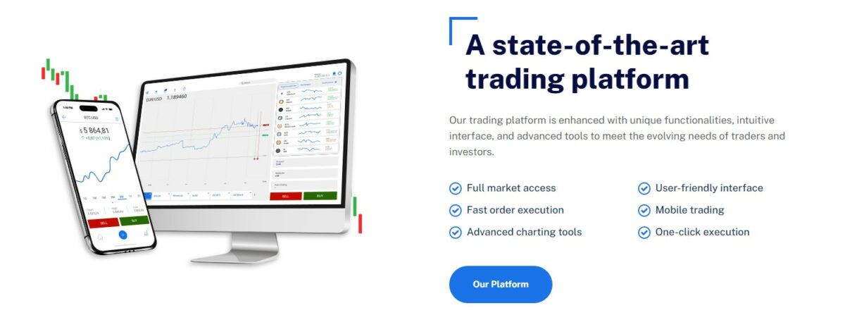 Promotional graphic showcasing a state-of-the-art trading platform, with a desktop and mobile phone displaying stock charts and trading options, accompanied by benefits like full market access, fast order execution, and advanced charting tools.