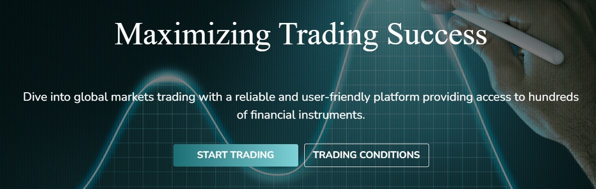 The image displays an advertisement banner with the heading "Maximizing Trading Success", which suggests a commitment to enhancing the success of traders. The text invites viewers to engage with a reliable and user-friendly platform that offers a wide array of financial instruments, indicating the platform's broad market access and ease of use. Two interactive buttons are visible, labeled "START TRADING" and "TRADING CONDITIONS", which likely direct users to begin trading activities or to learn more about the terms and conditions of trading on the platform. The overall visual design combines a financial graph, reinforcing the theme of market analysis and trading, with a person's hand holding a pen, which could symbolize readiness to engage in trading or to sign up for the service.