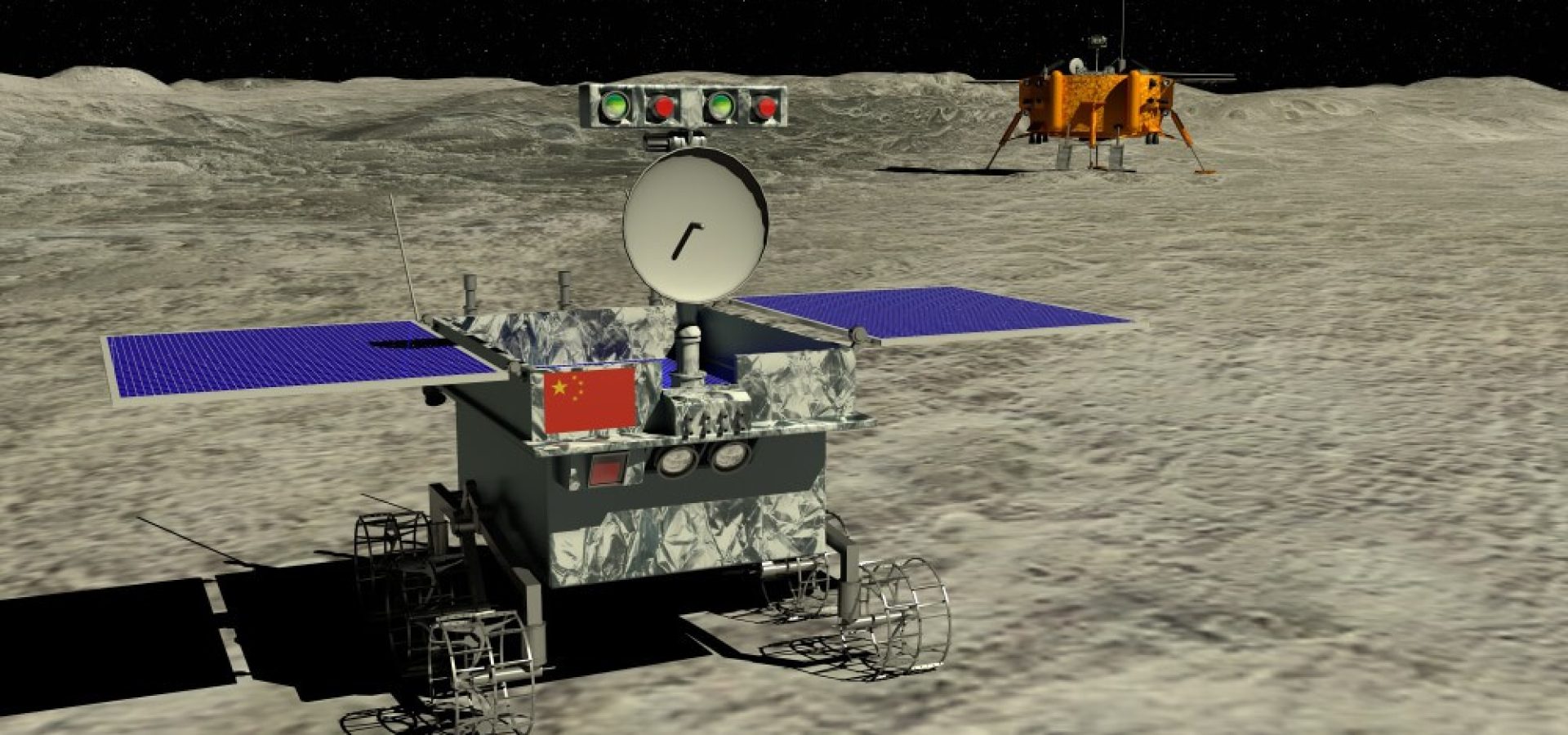 Lunar rover Yutu 2 rolling across the surface of moon