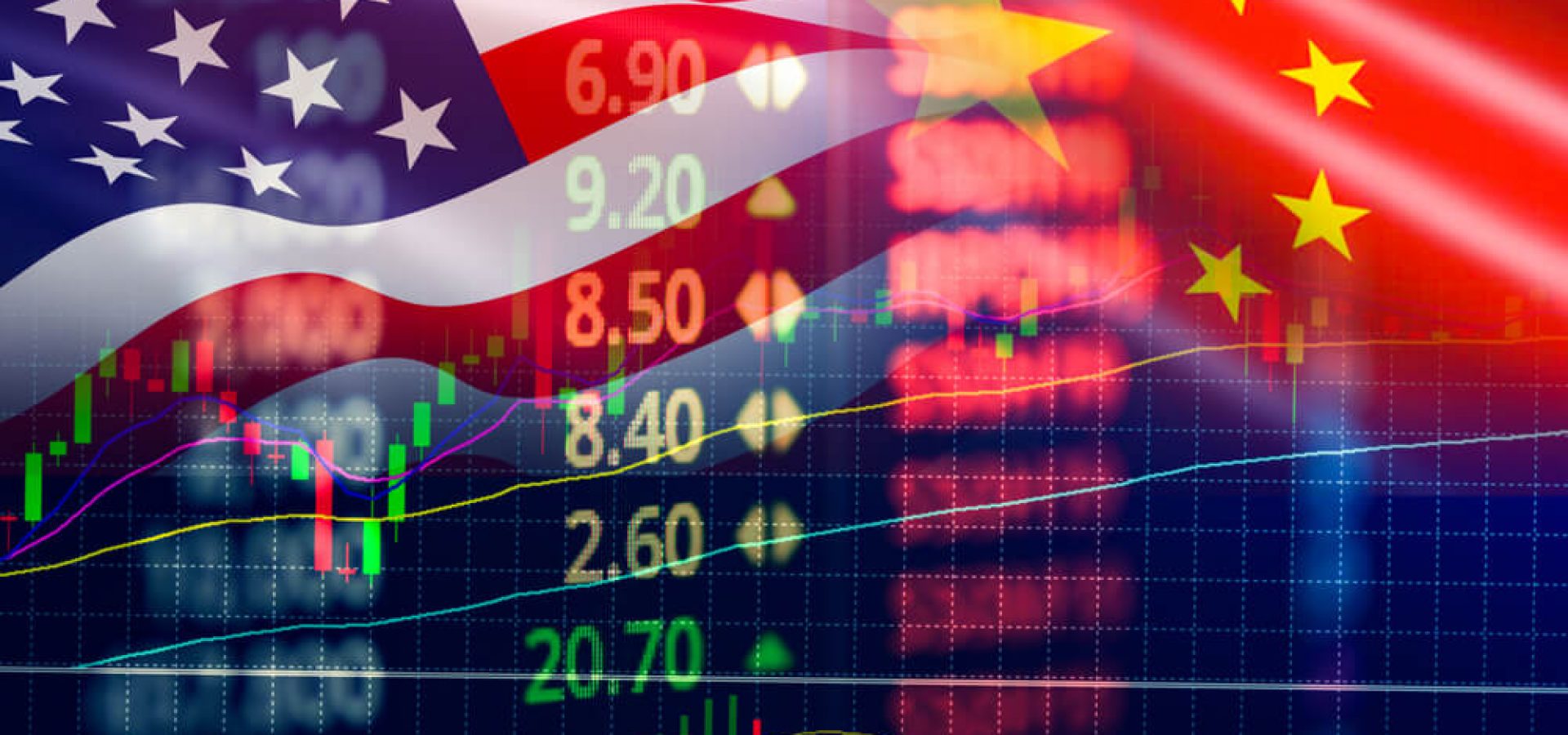 American: Trade war economy USA America and China flag candlestick graph