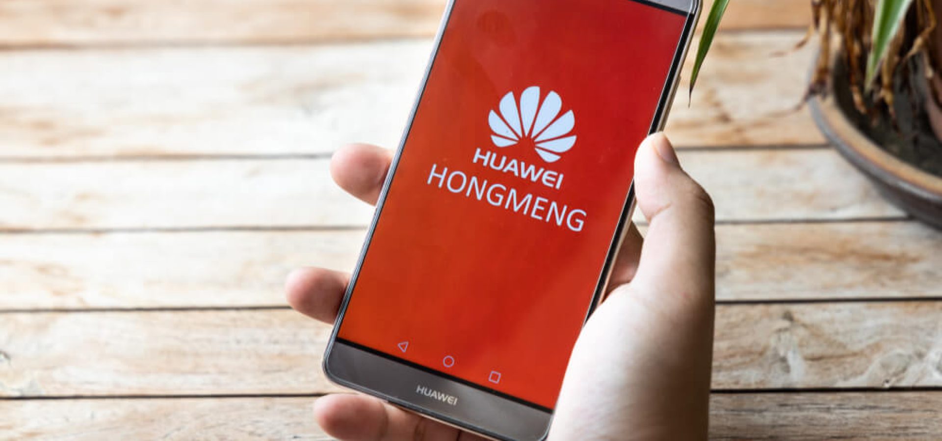 Chinese: Person holding Huawei Mate phone with Hongmeng OS symbol.