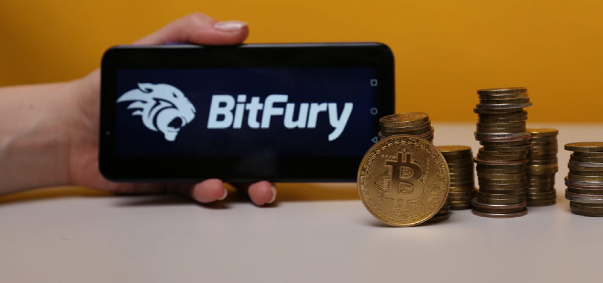Block Chain: The Bitfury Group sign on phone display.