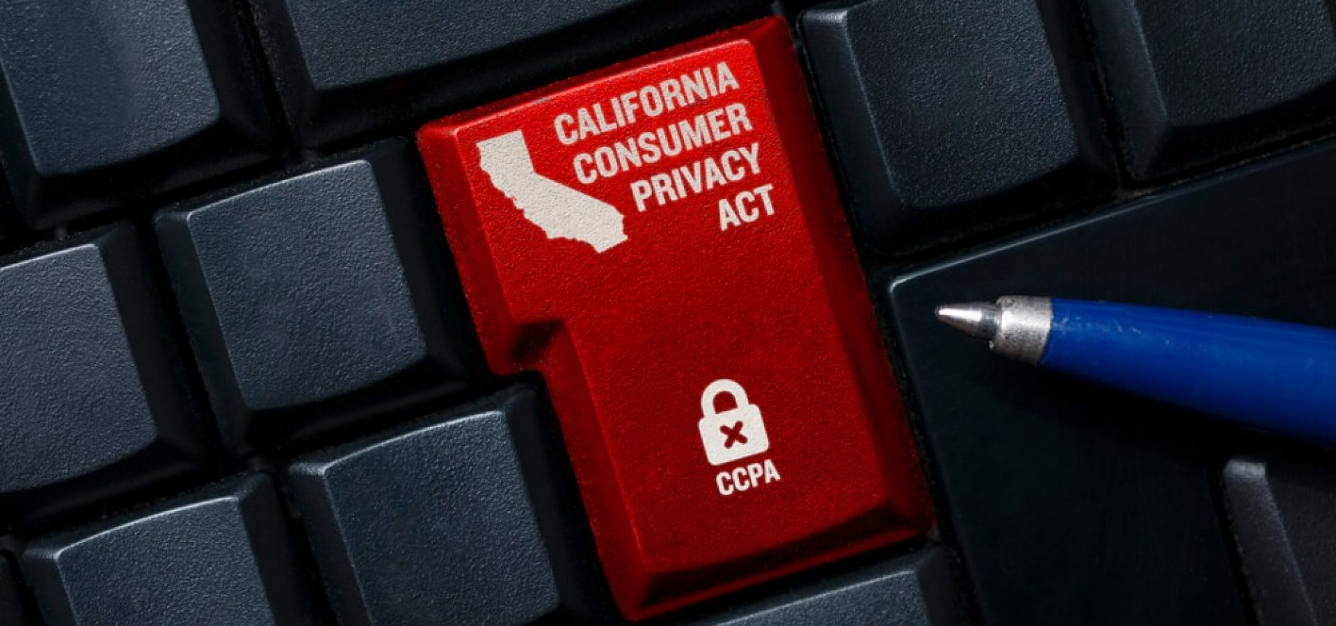 Consumer Privacy: a black compu ter keyboard with a lock, a California shape and the text California consumer privacy act