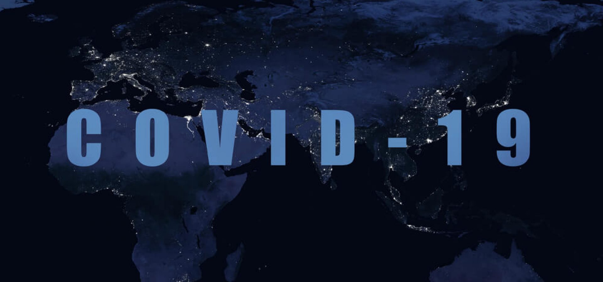 Coronavirus pandemic, word COVID-19 on night global map, vaccine.
