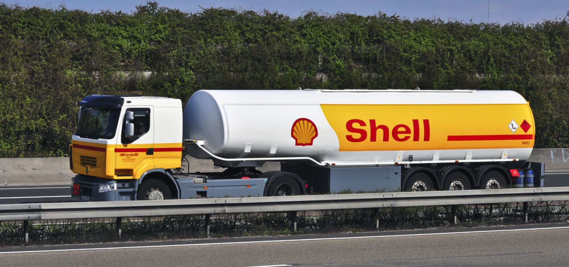 Shell oil truck on the highway.