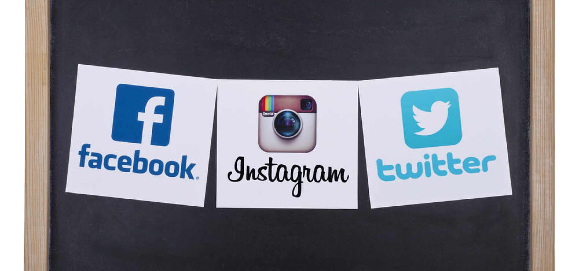 Facebook, Twitter; Instagram logos printed on paper and placed on a blackboard.