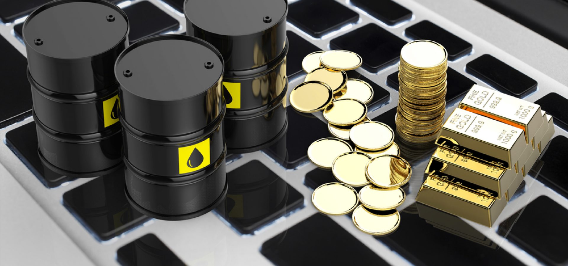 Wibest – Petroleum and oil: Oil barrels, gold bars, and golden coins on top of a keyboard.