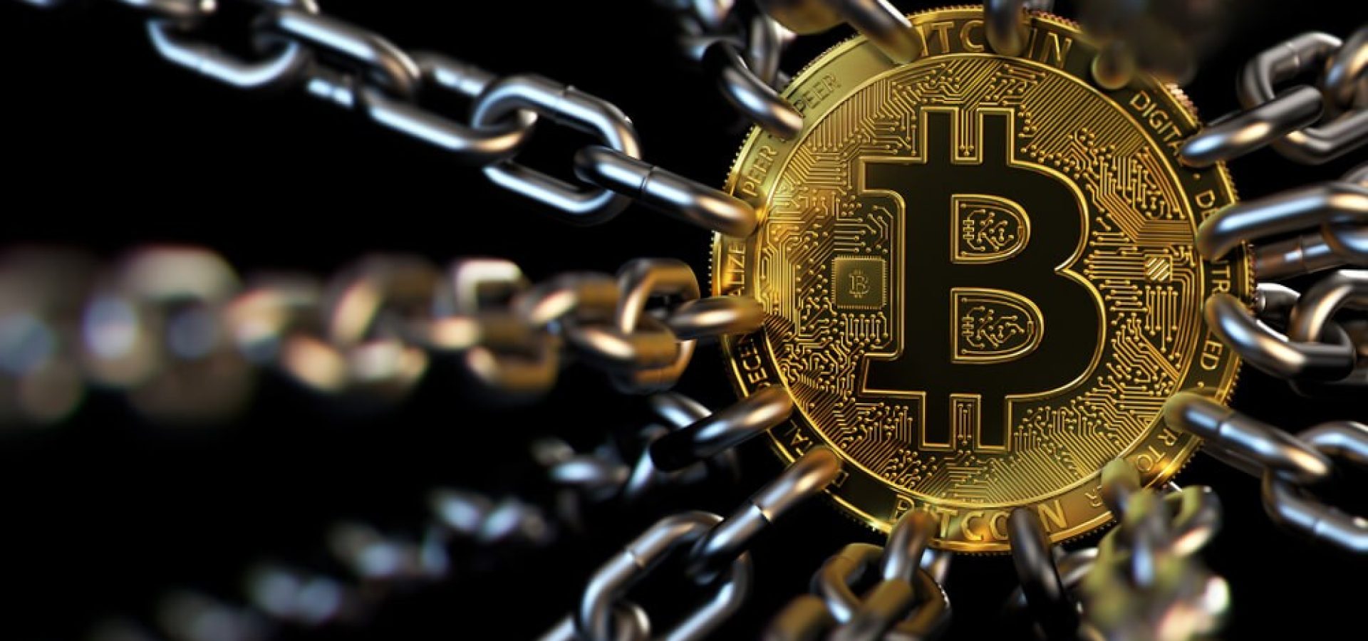 bitcoin concept, coin chained to various chains