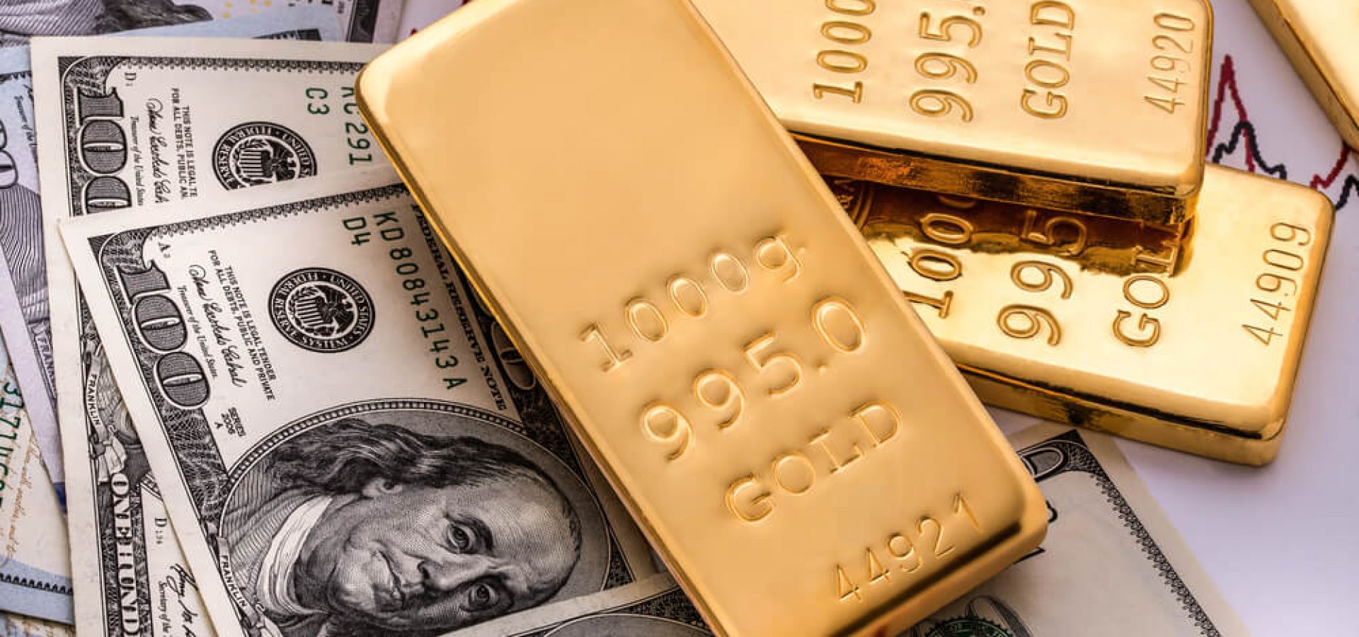Gold bars on top of dollar bills